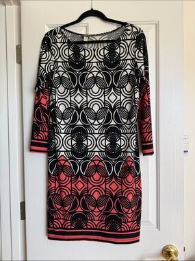 Haani Black & Coral Pink Geometric Long Sleeve Shift Dress
